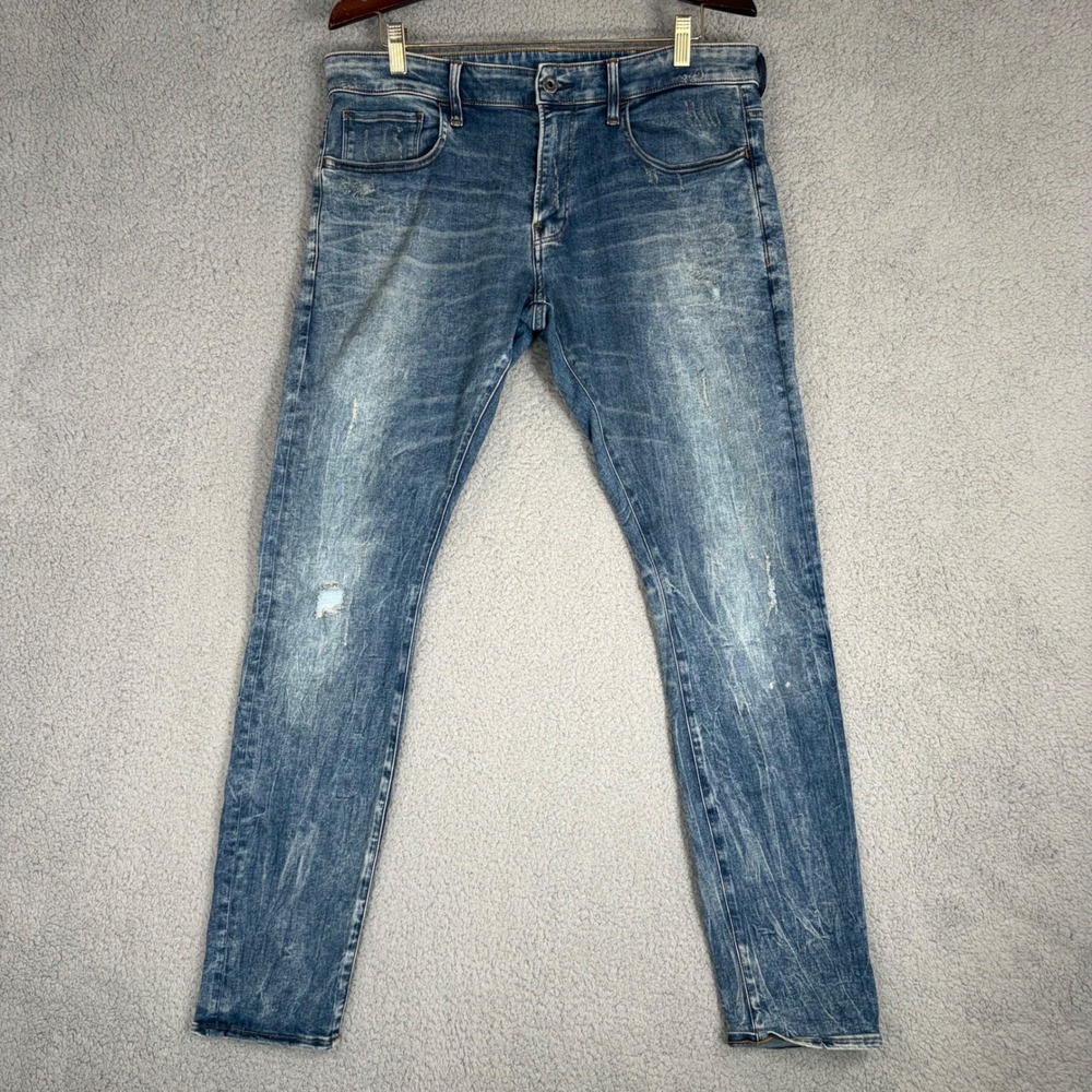 G-Star Raw 3301 Deconstructed Skinny Jeans Mens 36x32 Blue Distressed